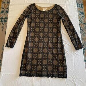 Black Lace Overay w/ Contrasting Nude Lining Mini Dress w/ Scalloped Hem